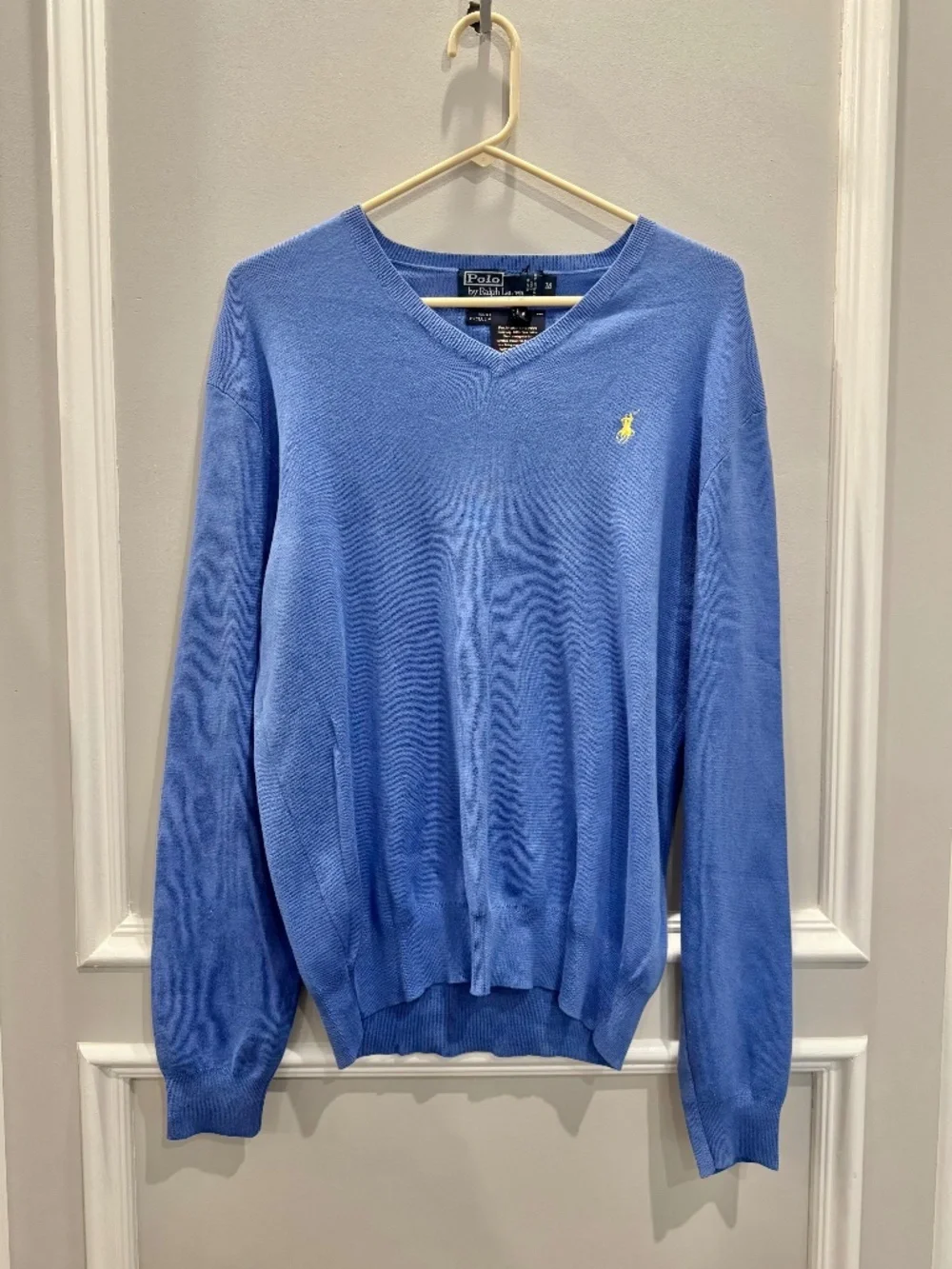 NWT Polo Ralph Lauren Blue Cotton V-Neck Sweater Yellow Pony Medium M